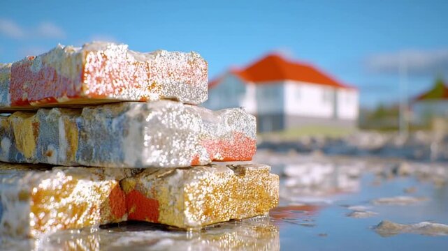 Salt Brick with blue sky: A stack of textured salt brick in close-up, the play of light and shadow with clear blue sky and a house with a red roof create a serene yet vibrant aesthetic.