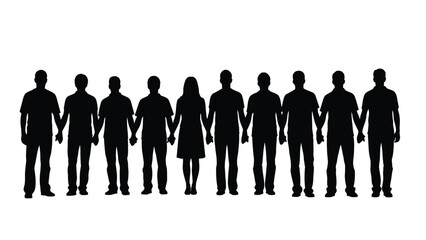 Black Silhouettes of a Diverse Group of Ten People Standing in a Line Holding Hands, Representing Unity, Teamwork, and Community Spirit