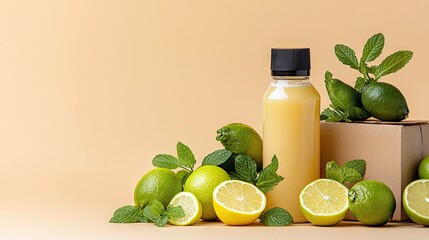 A refreshing arrangement of whole and halved limes and lemons, sprigs of mint, and a bottle of yellow juice, set against a soft peach backdrop.