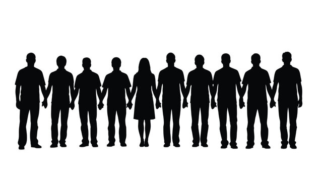 Black Silhouettes of a Diverse Group of Ten People Standing in a Line Holding Hands, Representing Unity, Teamwork, and Community Spirit