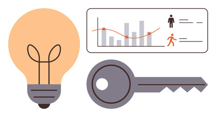 Lightbulb for ideas, key for solutions, and graph visualizing analytics trends. Ideal for innovation, business strategy, problem-solving, data analysis, creativity, unlocking potential conceptual