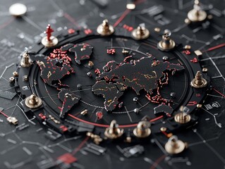 A detailed, dark-themed global strategy board features a textured world map with red and gold accents, surrounded by chess-like pieces and interconnected networ