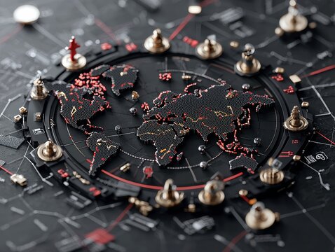 A detailed, dark-themed global strategy board features a textured world map with red and gold accents, surrounded by chess-like pieces and interconnected networ
