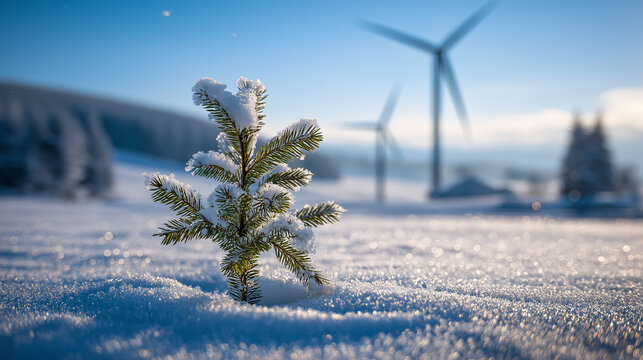 A small evergreen tree dusted with snow stands proudly in a sparkling, sunlit snow-covered field. Windmills stand in the background on a cold, clear day in Winter