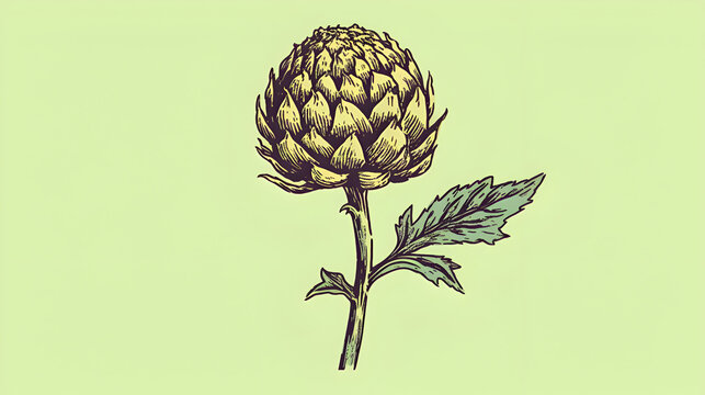 Hand drawn artichoke with leaf on light green background,  a vintage botanical illustration for culinary or decoration purposes
