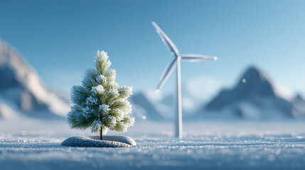 A tiny snow-dusted evergreen tree rests on a crisp winter landscape. In the distance, soft mountains and a blurred wind turbine suggest clean energy. Bright, calm light