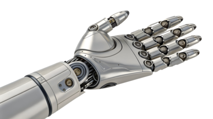 Futuristic chrome robotic hand extending upwards, ready to receive or give something, isolated on transparent background