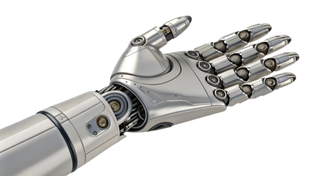 Futuristic chrome robotic hand extending upwards, ready to receive or give something, isolated on transparent background