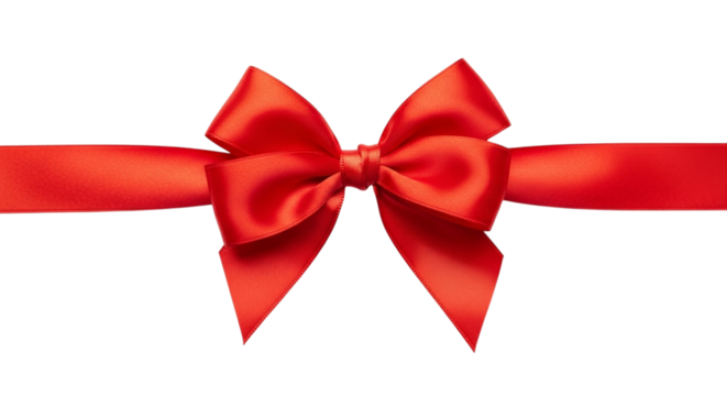 A vibrant red satin ribbon tied into a perfect bow, isolated on transparent background for easy use in design projects and celebrations