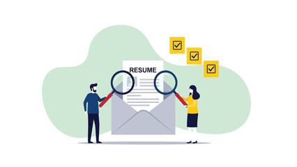 Resume Review and Hiring Process Vector Illustration. HR Managers Examining Job Applications with Magnifying Glasses, Symbolizing Recruitment and Selection.