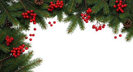 Christmas fir branch border decorated with bright red winter berry cluster and pinecone element isolated on transparent background for holiday design