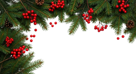 Christmas fir branch border decorated with bright red winter berry cluster and pinecone element isolated on transparent background for holiday design