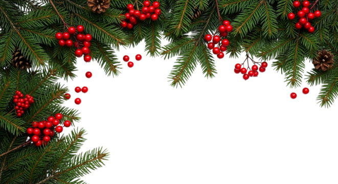 Christmas fir branch border decorated with bright red winter berry cluster and pinecone element isolated on transparent background for holiday design