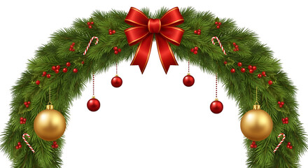 Festive christmas archway with red bow and golden ornaments on black