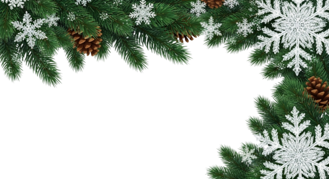 Christmas fir branch border decoration with glitter snowflake and pine cone element isolated on transparent background for holiday design