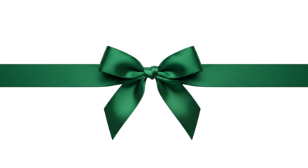 A beautiful, shiny, deep green satin ribbon tied in a perfect bow centered horizontally across a clean transparent background, isolated on transparent background