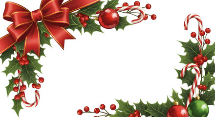 Holiday frame with holly candy canes red ribbon and christmas ornaments