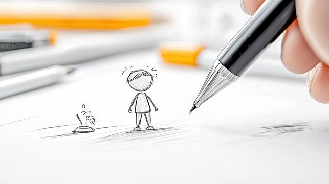 A hand holding a pencil draws a simple stick figure and a small plant on white paper, with art markers in the background. - Powered by Adobe