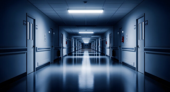 Dark, long hospital corridor with fluorescent light reflection on floor