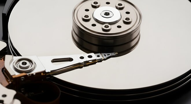 Opened Hard Disk Drive (HDD) - Close-up of Platter and Read/Write Head - Powered by Adobe
