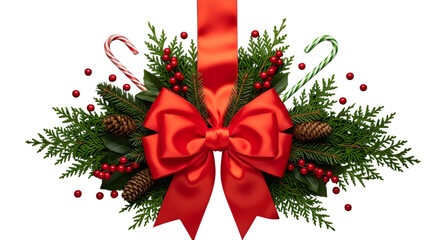 Festive christmas arrangement with red bow candy canes and evergreen branches