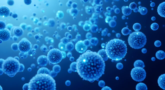 Abstract blue microscopic view of glowing virus or bacteria cells