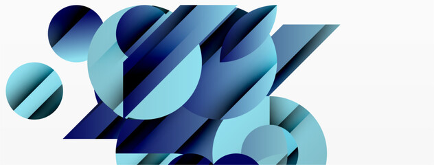 Abstract geometric shapes overlap, creating dynamic composition. Blues dominate, with subtle gradients, modern aesthetic.