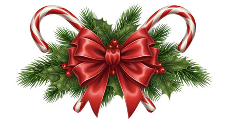 Festive christmas decoration with candy canes red bow and pine branches