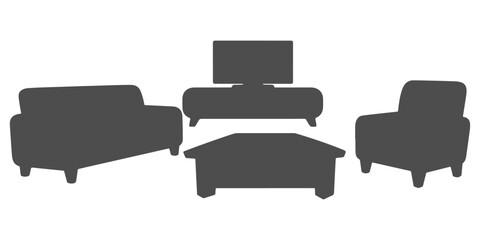 CAD Drawings. Interior furniture silhouette — modern sofa, armchair, coffee table, TV unit. Vector illustration.
