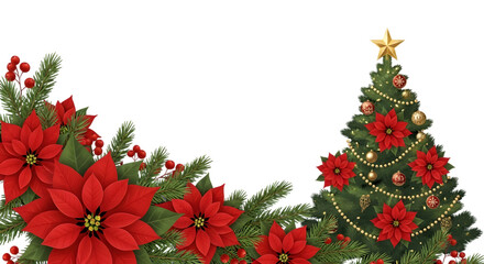 Elegant christmas poinsettia and tree illustration on black background for festive designs