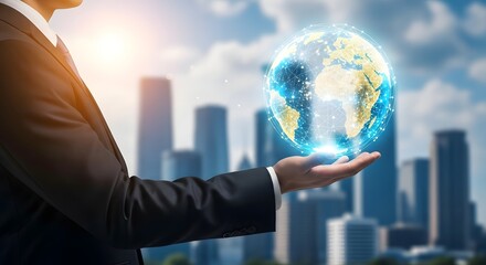 Businessman holding digital globe in hand with cityscape background