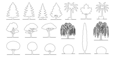 CAD Drawings. Side view of different tress outline. Vector illustration.