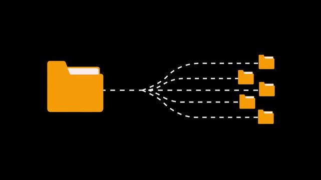 File transfer from folder to folder, copying data on computer on black background. Outline Folder Icon Branching Out to Multiple Smaller Folder Icons. folder structure with documents and data scanning