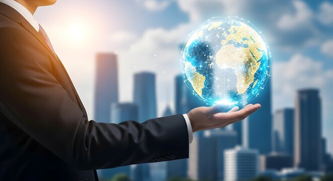 Businessman holding digital globe in hand with cityscape background - Powered by Adobe
