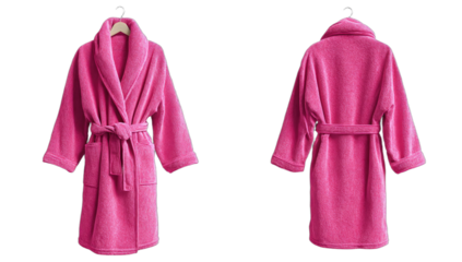 Plush pink robe shown front and back on a hanger