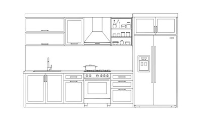 Modern kitchen architectural CAD drawing &mdash; front elevation, cabinets, countertop, stove, fridge, upper shelves, minimalist linework. Vector illustration