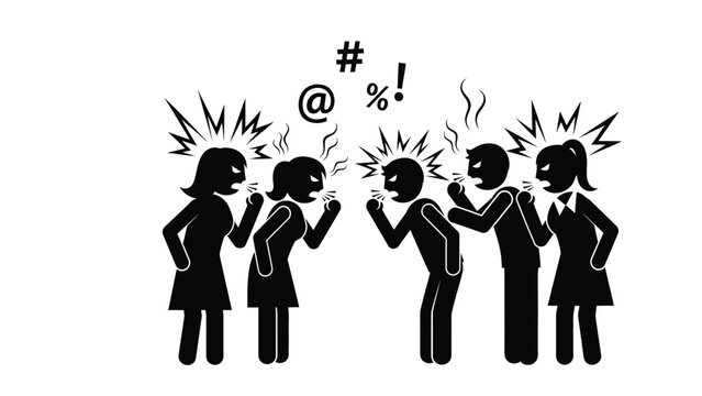 Angry group of stick figures arguing and shouting at each other. Vector illustration of workplace conflict, bullying, disagreement, or social dispute with swearing symbols.