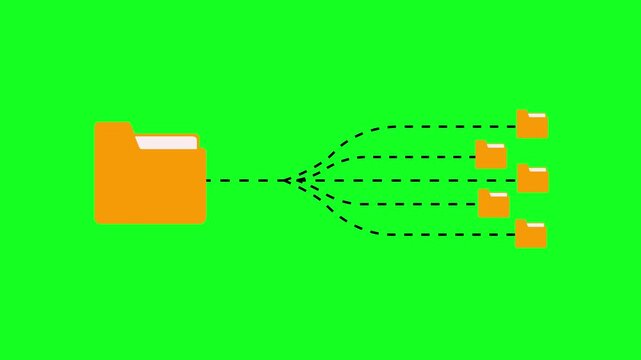 File transfer from folder to folder, copying data on computer on green background. Outline Folder Icon Branching Out to Multiple Smaller Folder Icons. folder structure with documents and data scanning