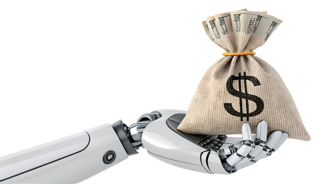Robot hand holding a money bag filled with US dollars, symbolizing automation in finance, isolated on transparent background.