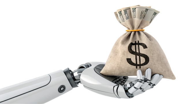 Robot hand holding a money bag filled with US dollars, symbolizing automation in finance, isolated on transparent background.