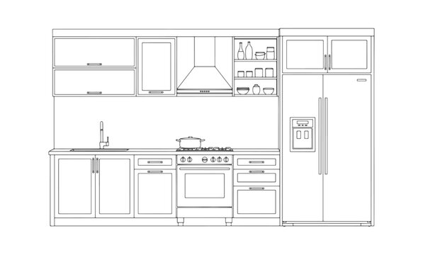 Modern kitchen architectural CAD drawing &mdash; front elevation, cabinets, countertop, stove, fridge, upper shelves, minimalist linework. Vector illustration