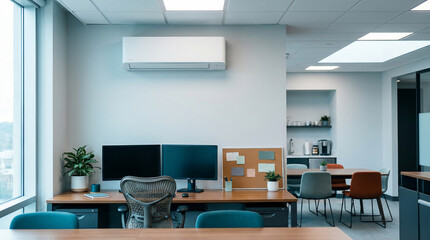 Fototapeta premium Contemporary Office Interior Design with Clean Workspaces, Comfortable Seating, and a Bright, Productive Environment