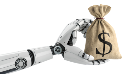 White robotic arm holding a money bag with a dollar sign, representing automated investment and financial technology isolated on transparent background.