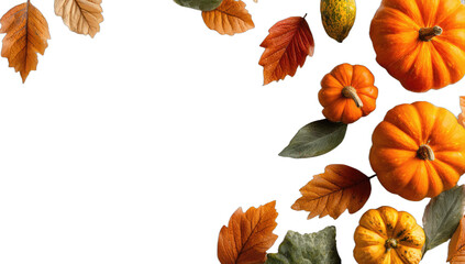 Autumn harvest border with pumpkins and colorful leaves on black background