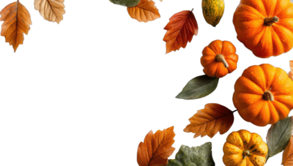 Autumn harvest border with pumpkins and colorful leaves on black background