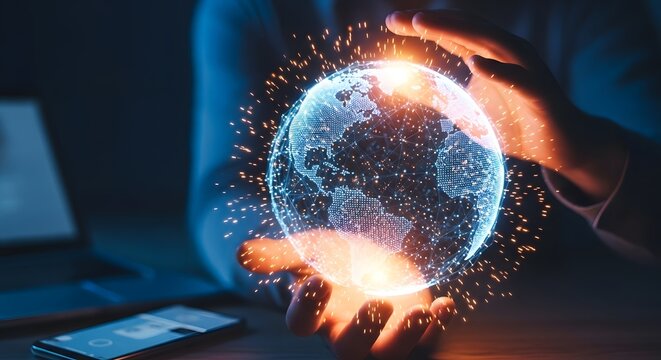 Person holding a glowing digital sphere representing technology and innovation - Powered by Adobe