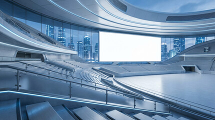 Obraz premium Futuristic Auditorium Interior, with a Large Blank Screen and Sleek Modern Design, Overlooking an Illuminated City Skyline at Night.