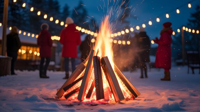 People gathering around a bright bonfire in the snow at night with string lights overhead