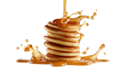 Delicious stack of golden pancakes being drizzled with warm, flowing caramel