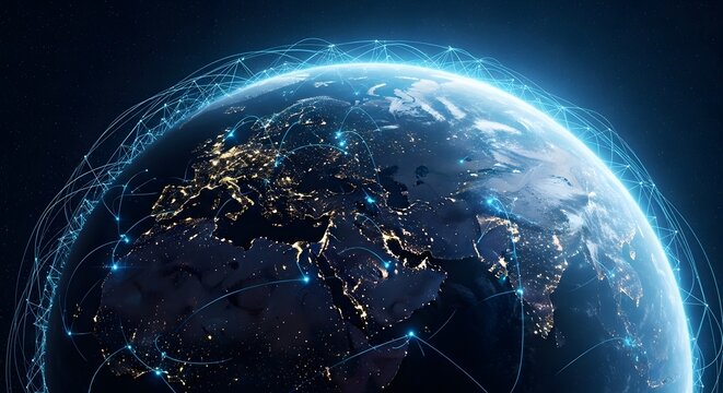 Digital earth globe with glowing city lights and data stream overlay